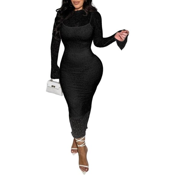 Women Long Sleeve Bodycon Midi Dress Lace Set for Date Night and Parties
